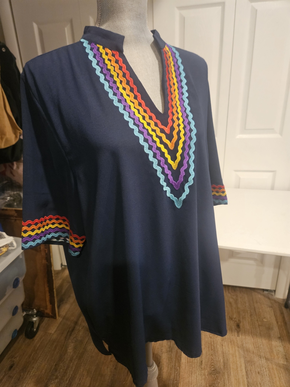 Women’s Navy Tunic Top with Multicolor Trim
